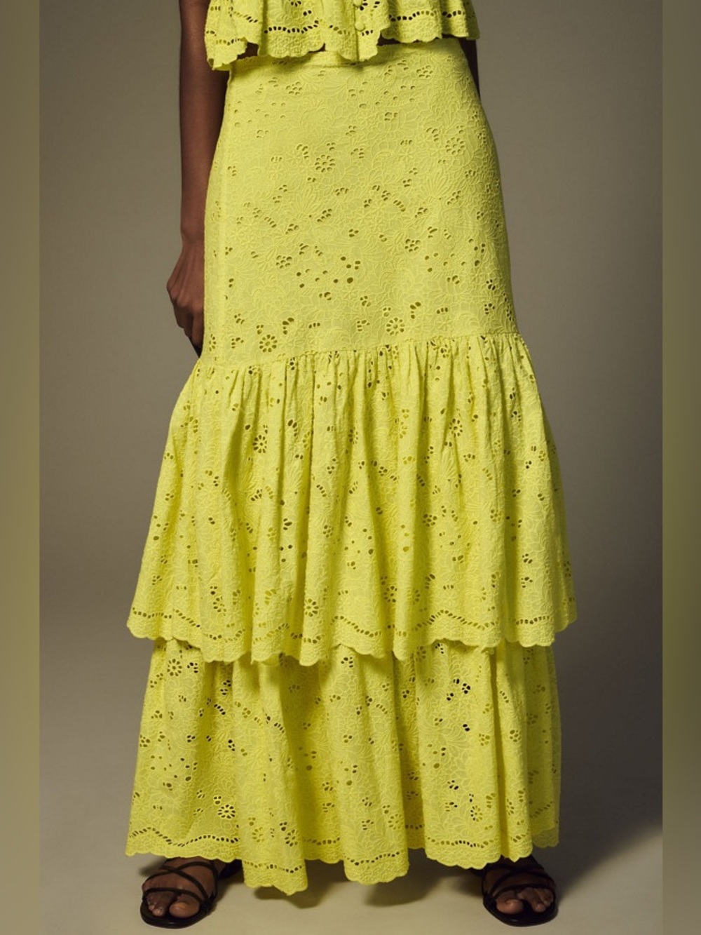 Anthropologie Maeve Tiered Eyelet Skirt Size 4 100% Cotton Lime Yellow $268
